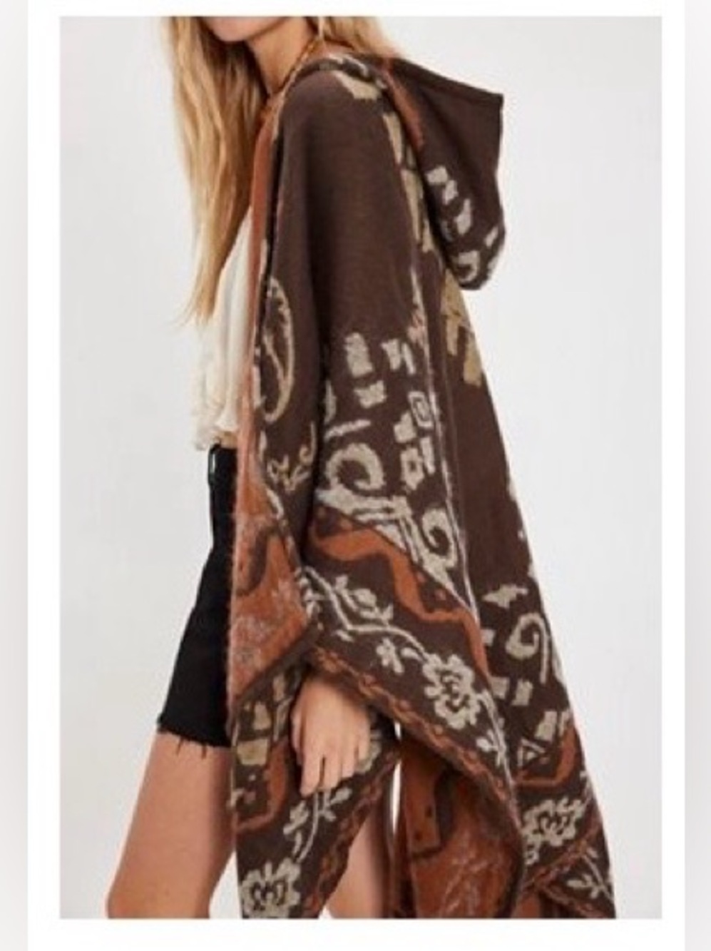 Free People Brown & Tan Hooded Poncho Sweater